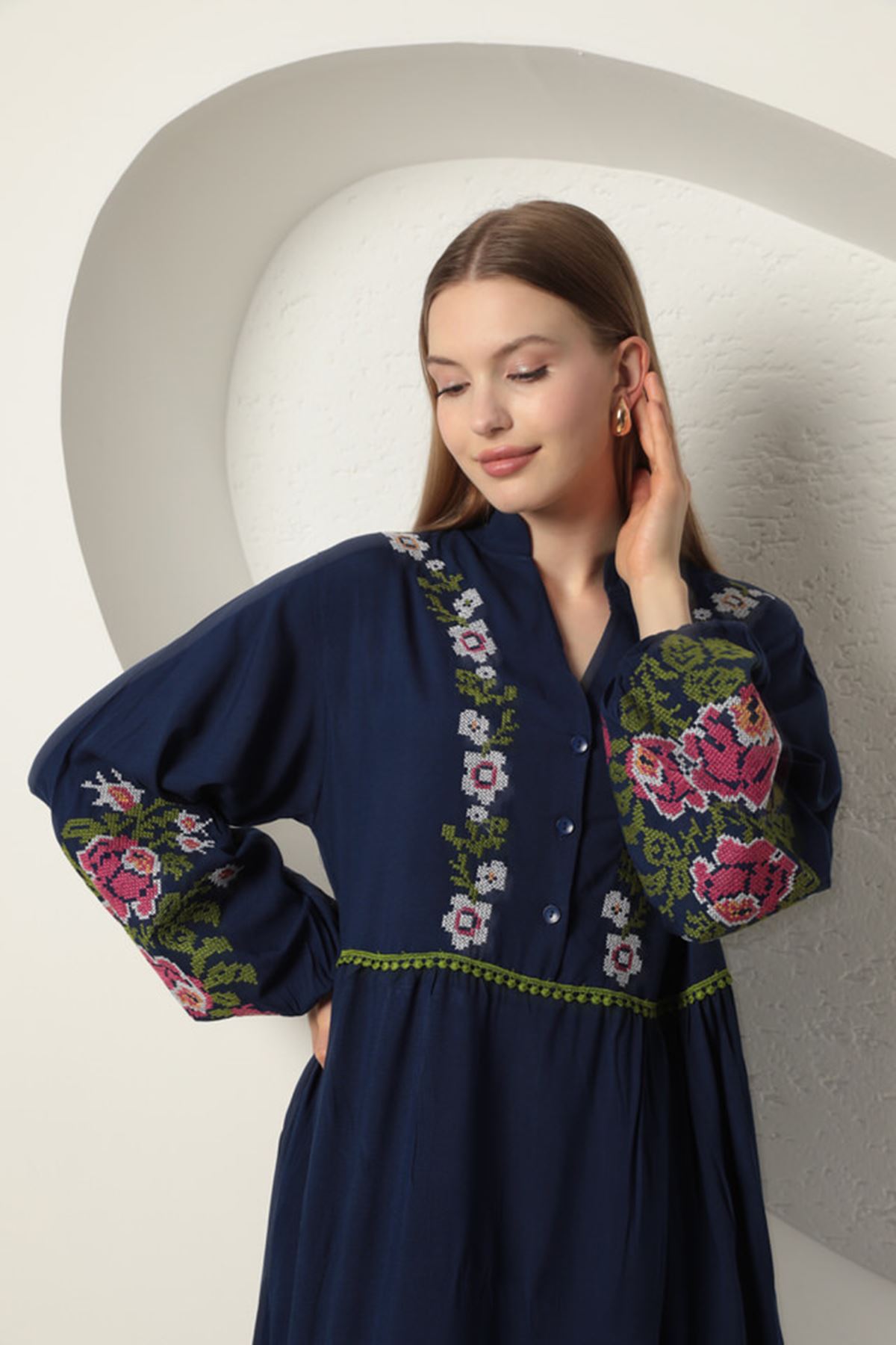 Viscose Fabric Embroidered Women's Dress-Navy Blue