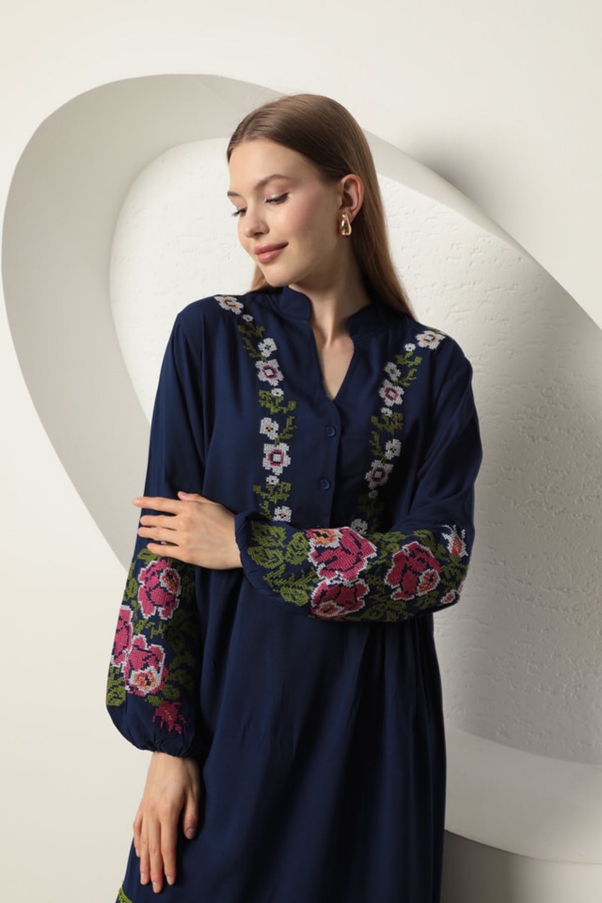Viscose Fabric Embroidered Women's Dress-Navy Blue