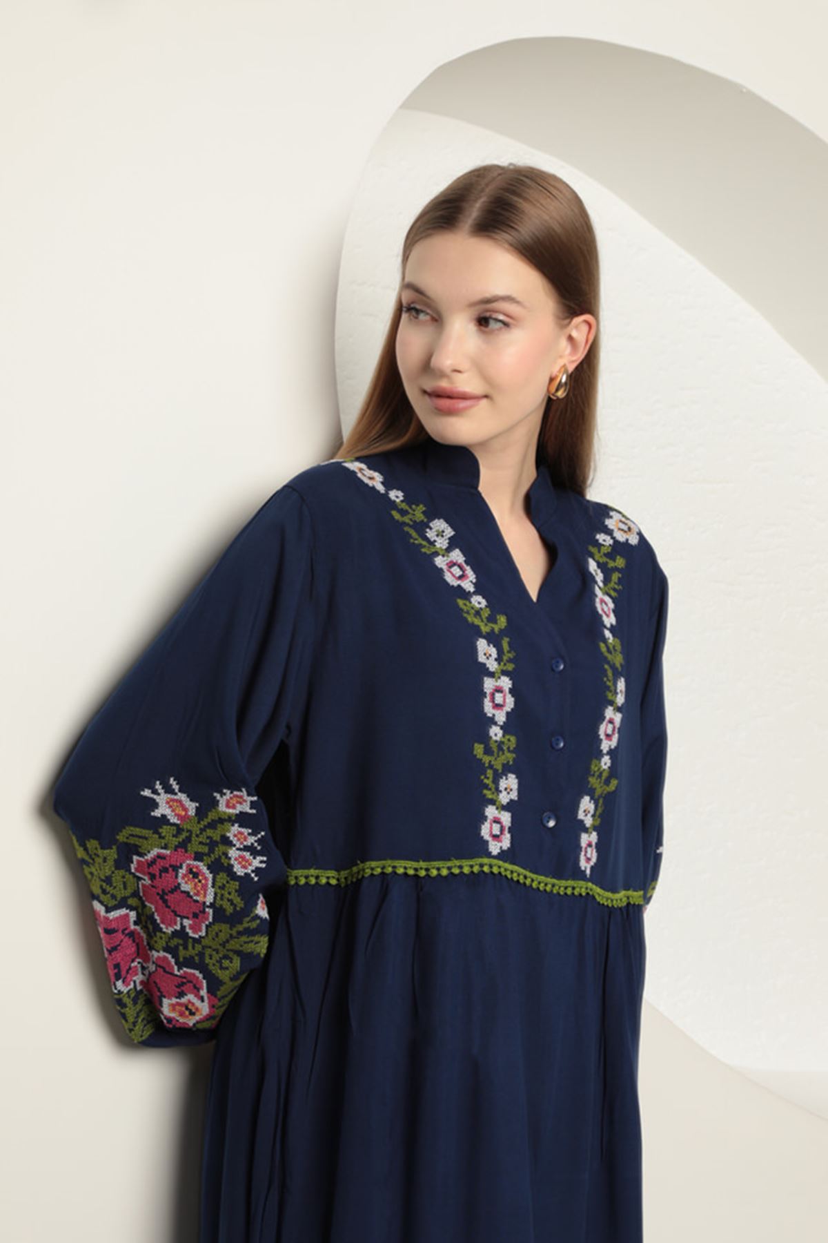 Viscose Fabric Embroidered Women's Dress-Navy Blue