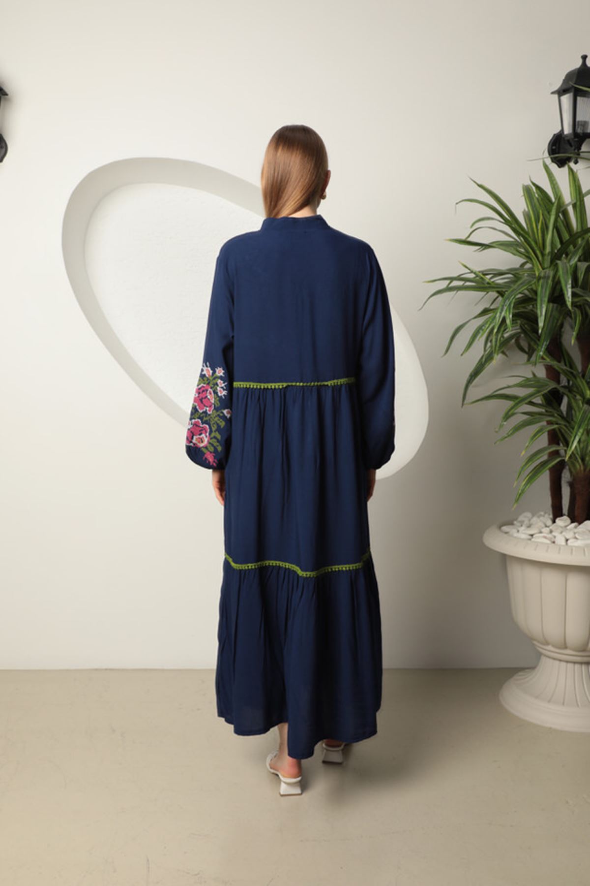 Viscose Fabric Embroidered Women's Dress-Navy Blue