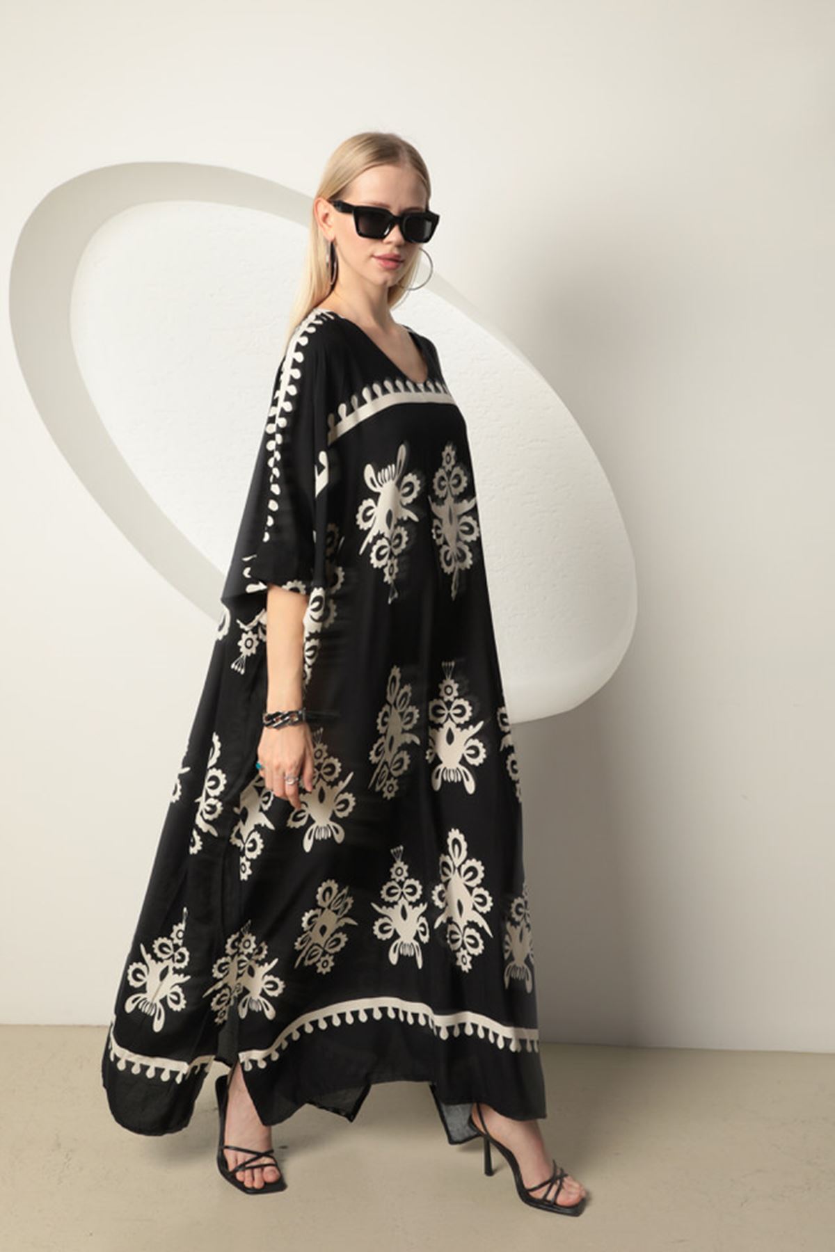 فستان فسكوز نسائي مقاس كبير-أسود-أبيض