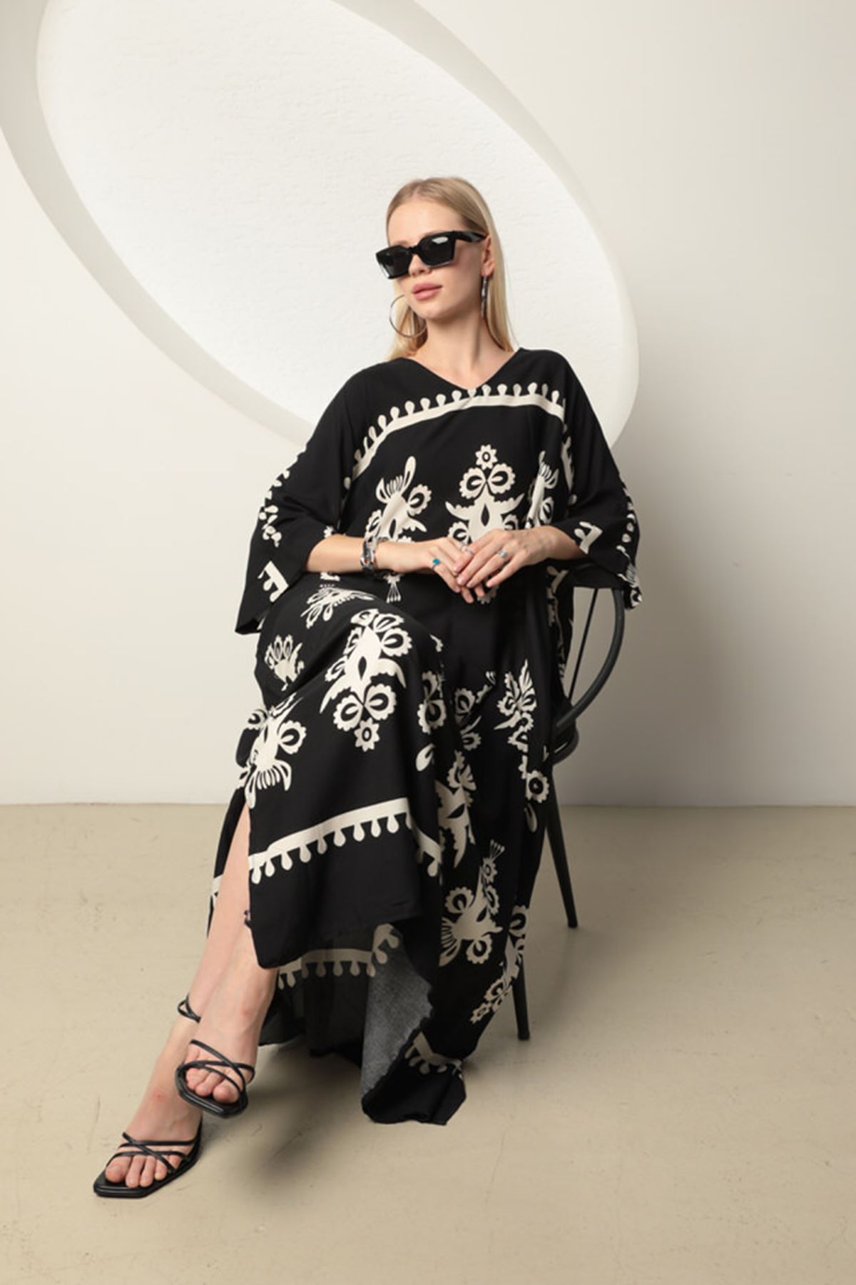 فستان فسكوز نسائي مقاس كبير-أسود-أبيض