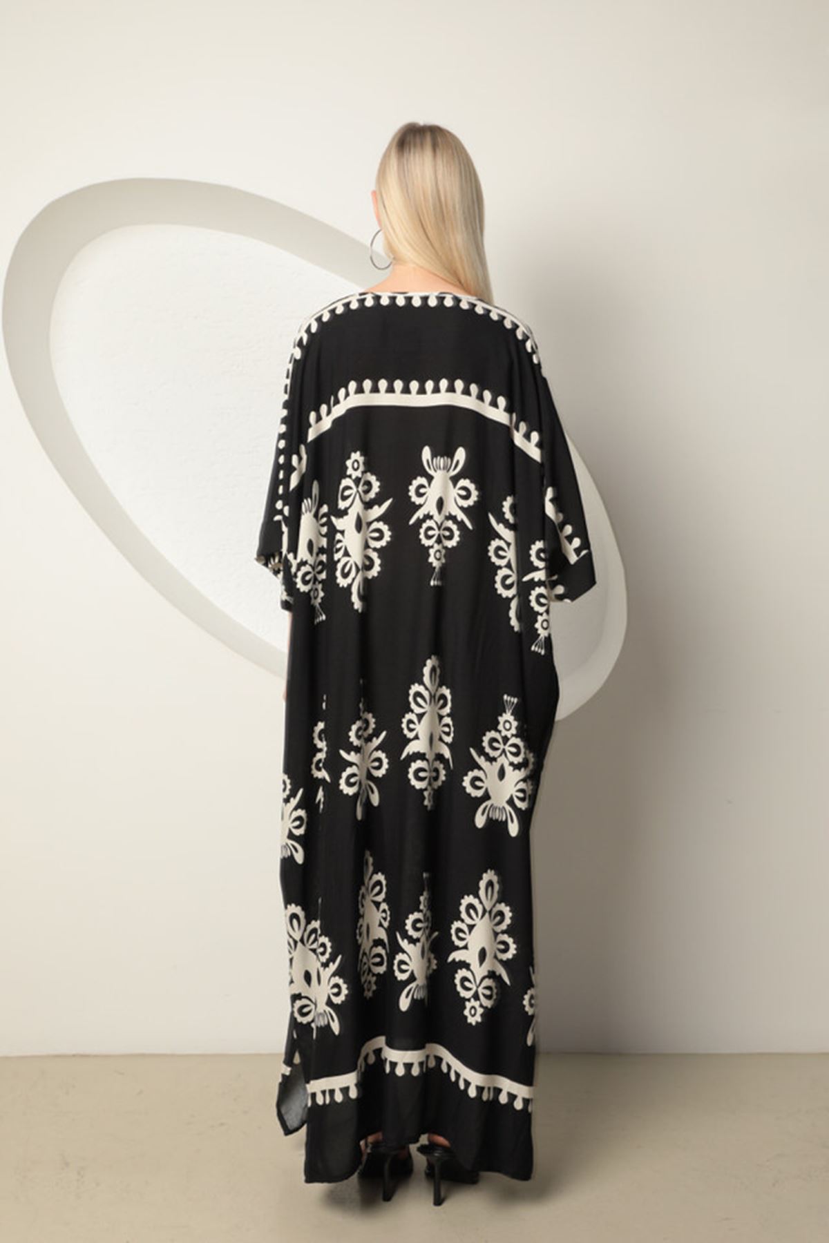 فستان فسكوز نسائي مقاس كبير-أسود-أبيض