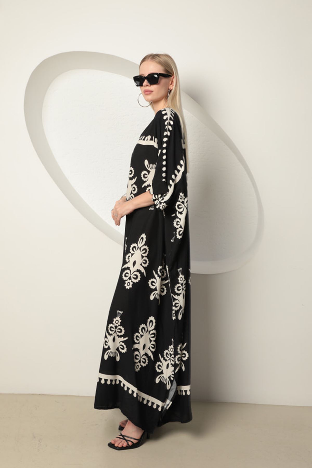 فستان فسكوز نسائي مقاس كبير-أسود-أبيض