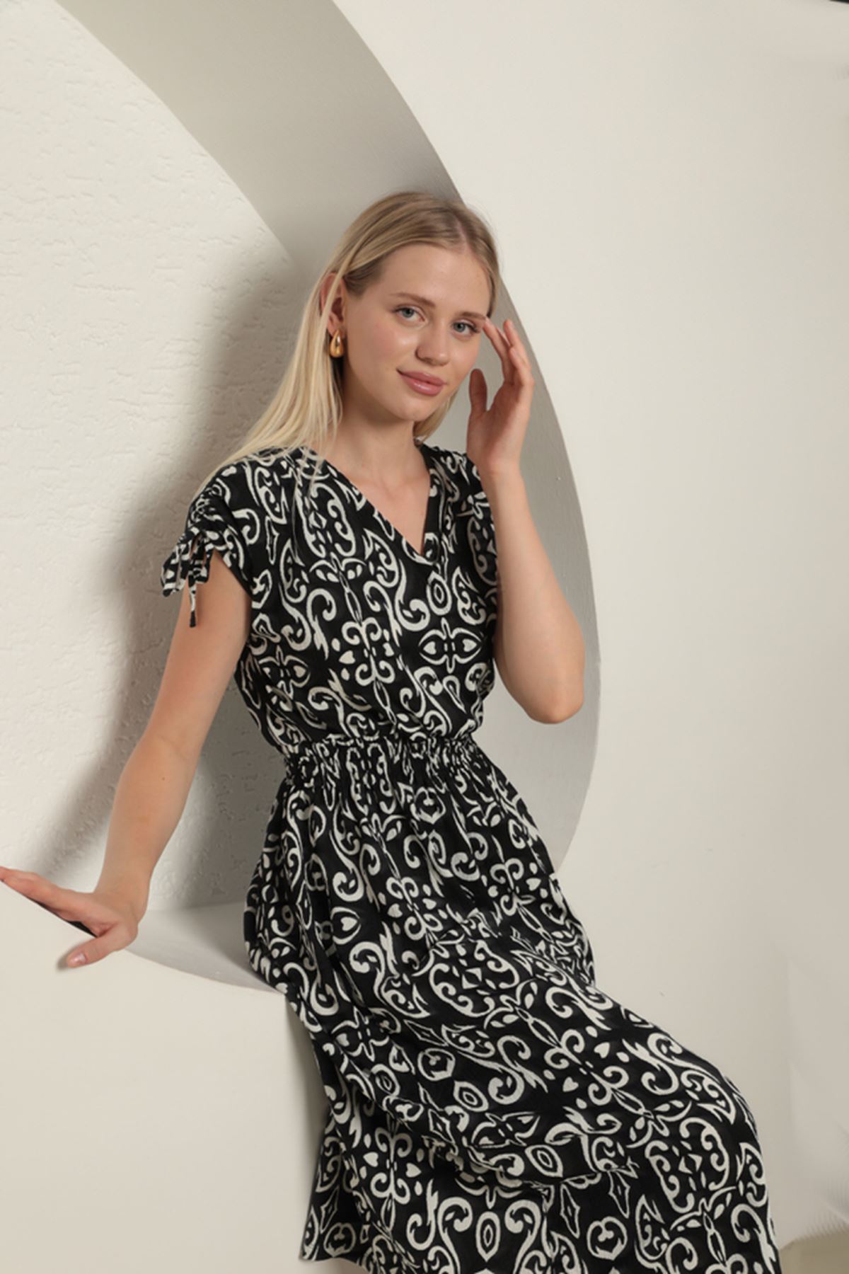 Bürümcük Fabric Ethnic Pattern Women's Dress-Black