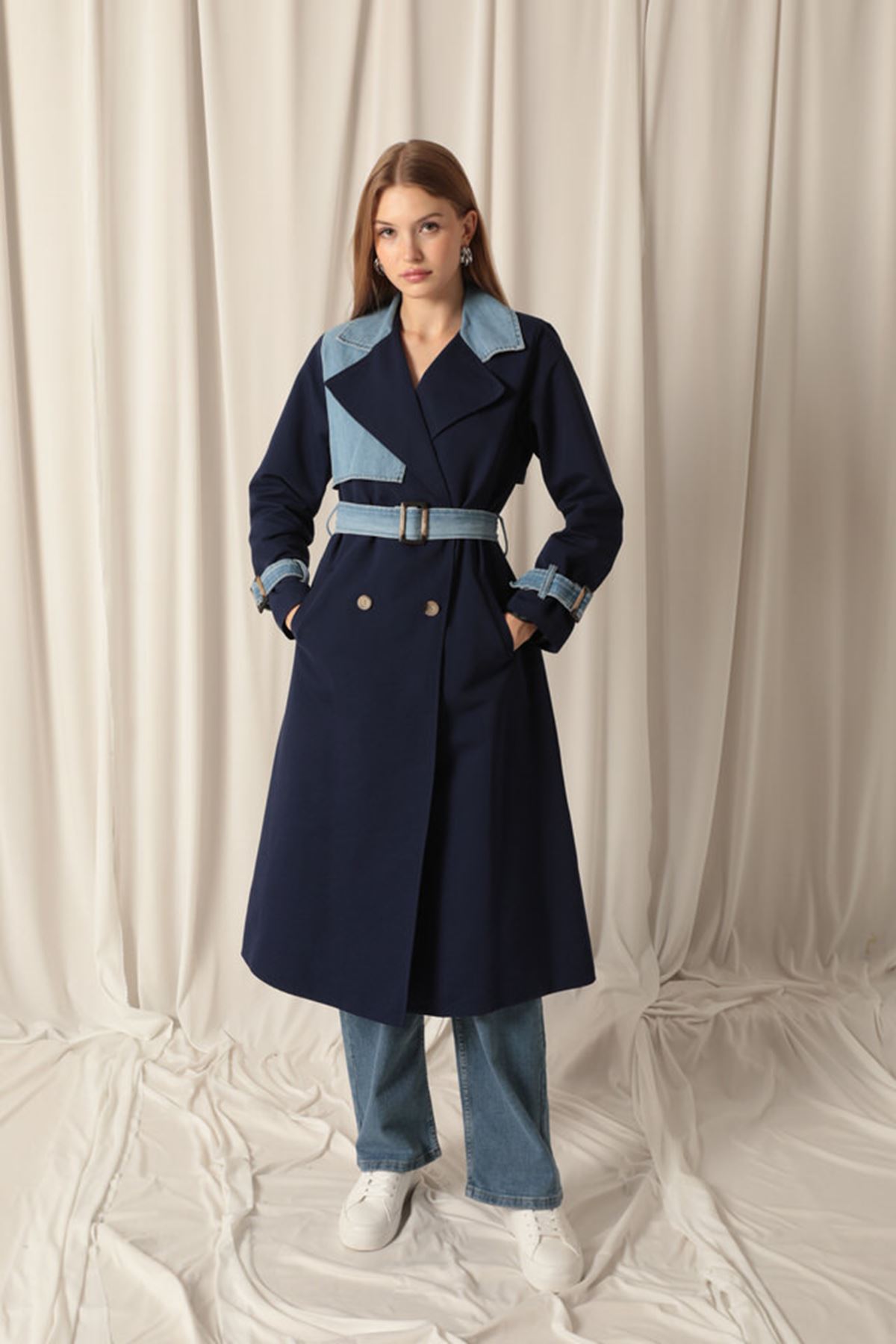 Torino Fabric Women's Navy Blue Trench Coat