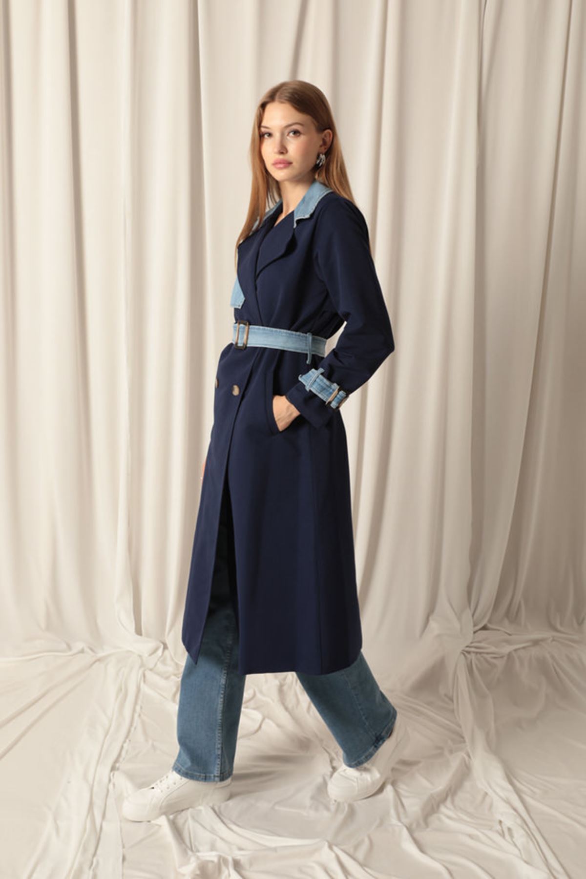 Torino Fabric Women's Navy Blue Trench Coat