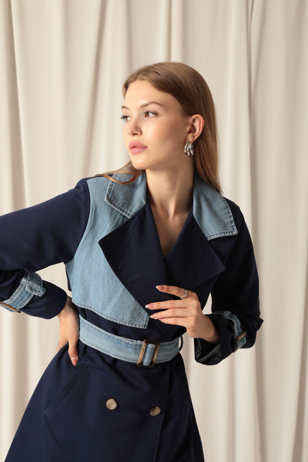 Torino Fabric Women's Navy Blue Trench Coat