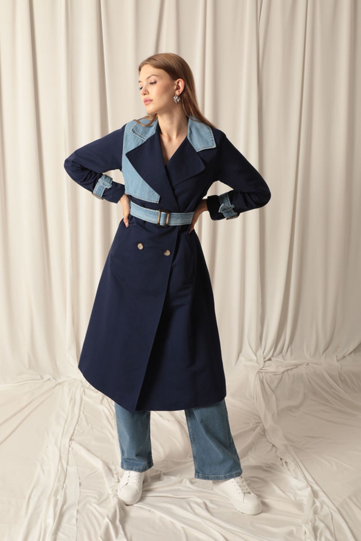 Torino Fabric Women's Navy Blue Trench Coat