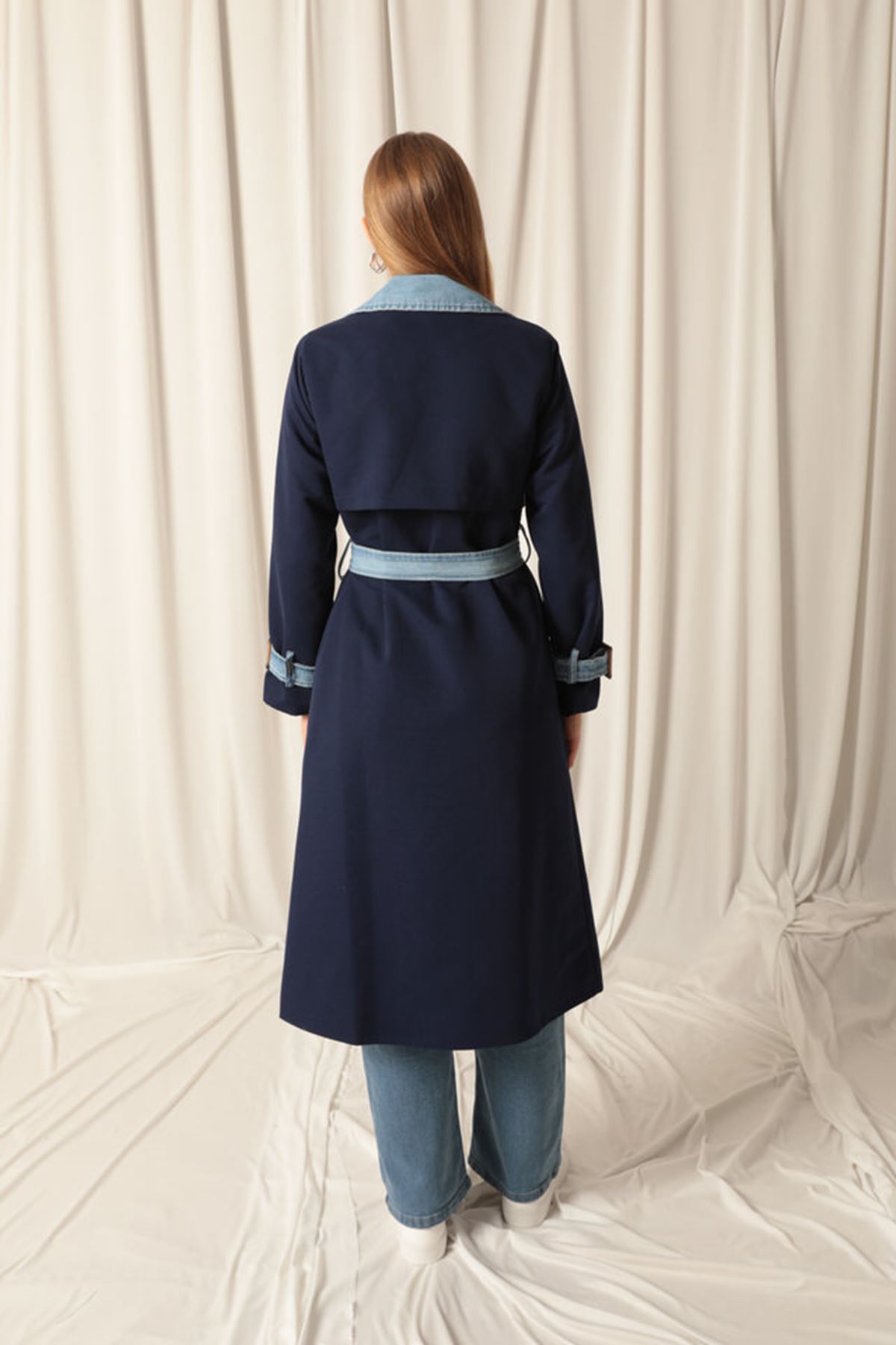 Torino Fabric Women's Navy Blue Trench Coat