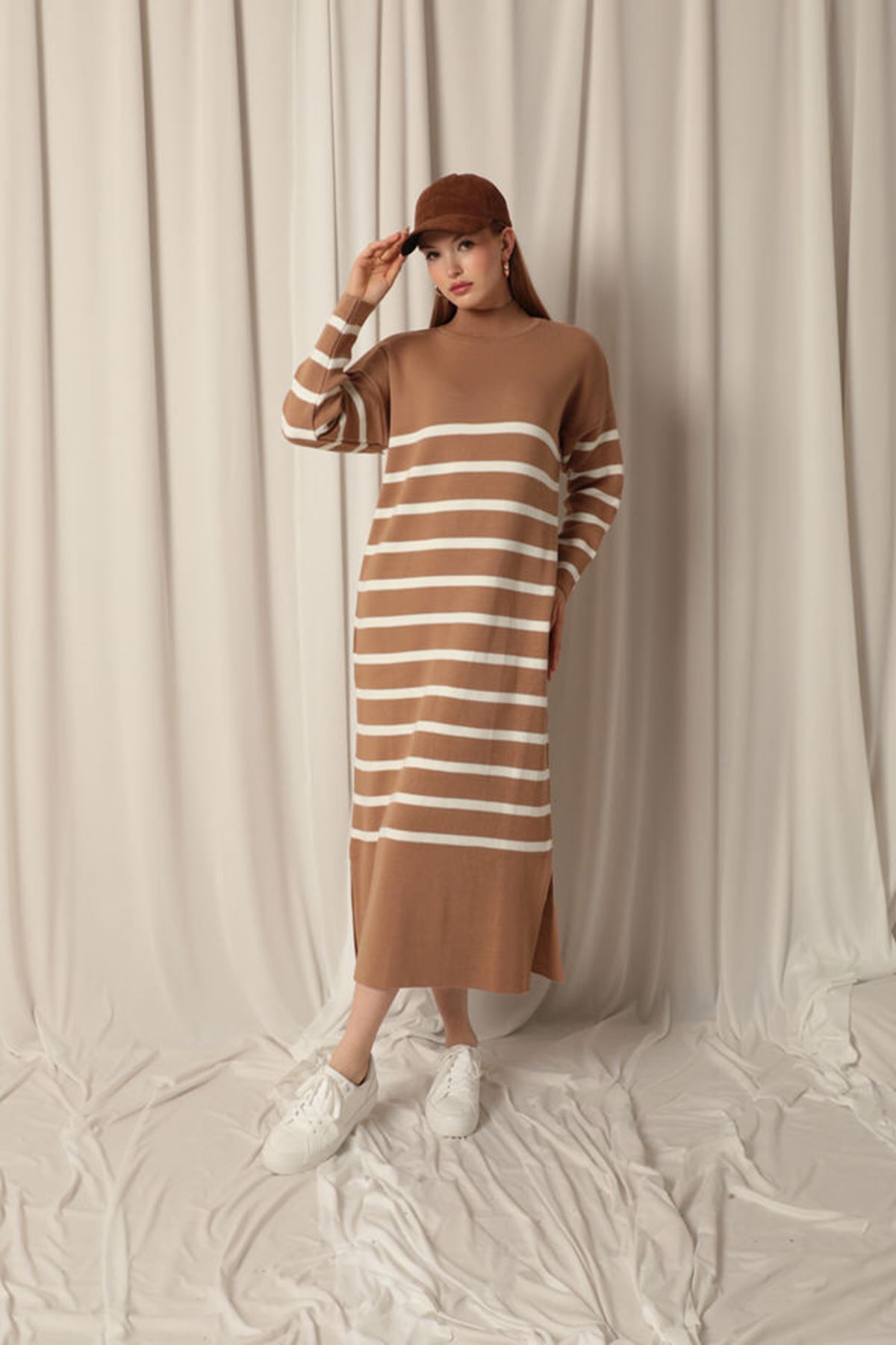 Knit Fabric Turtleneck Striped Camel Dress