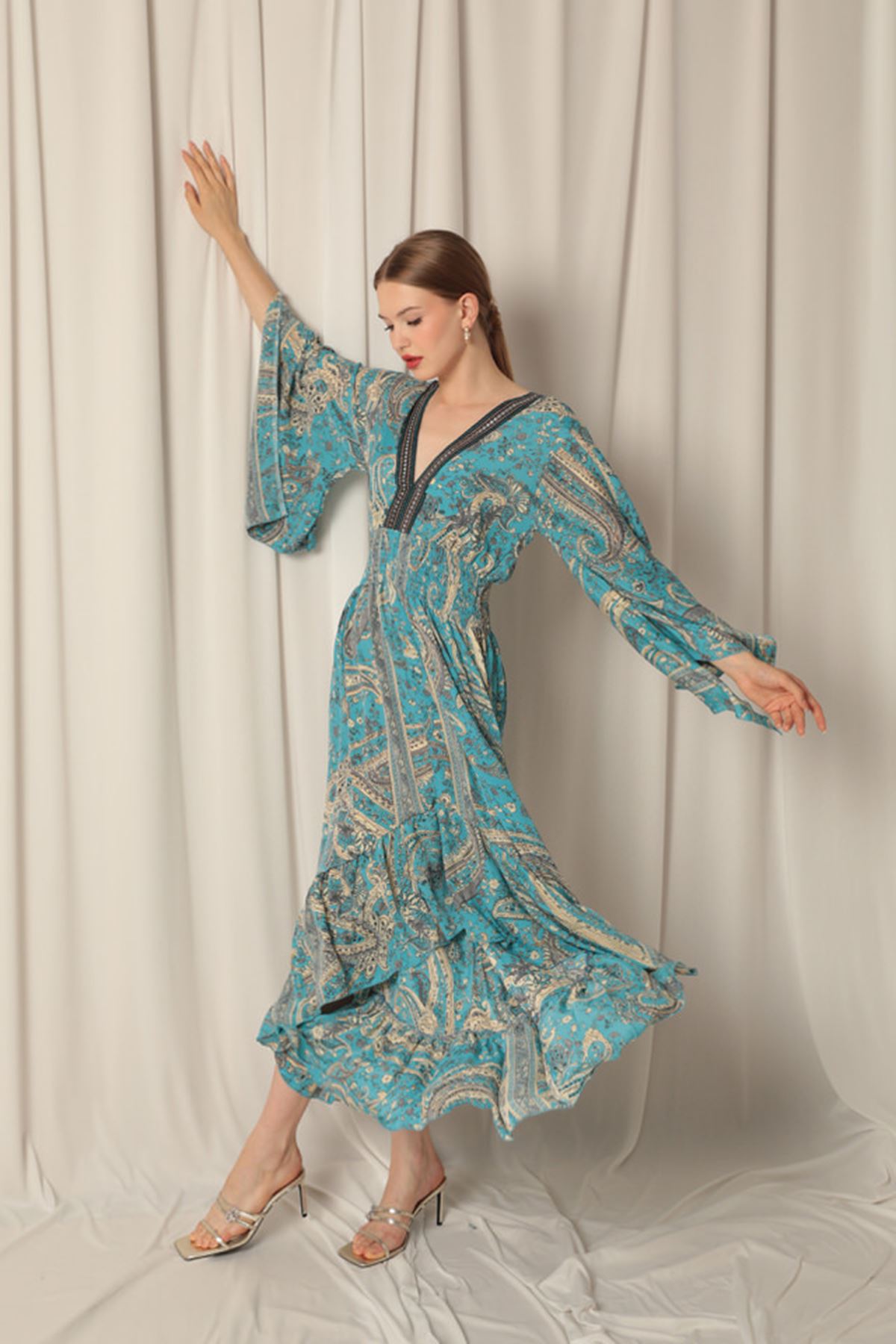 Silk Fabric V Neck Front Short Light Blue Dress