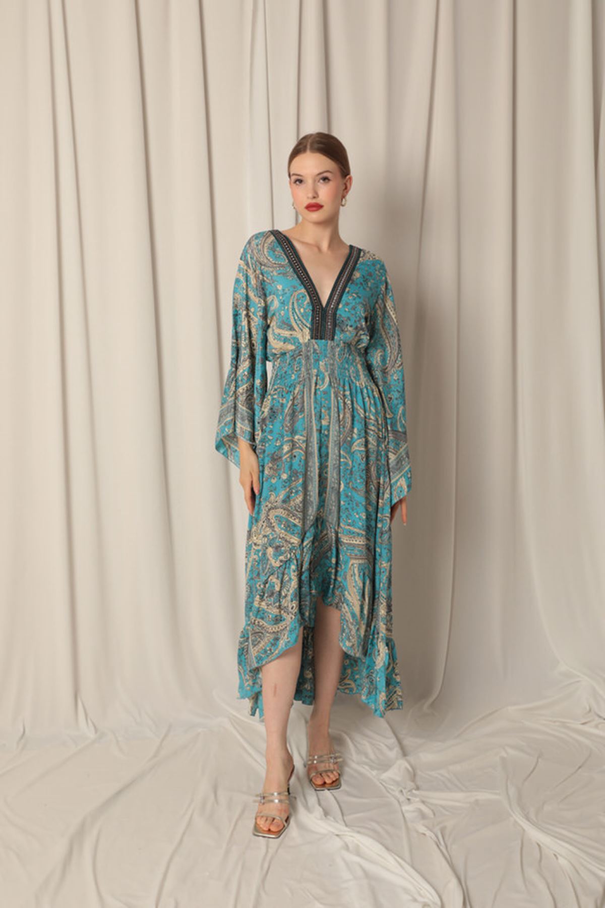 Silk Fabric V Neck Front Short Light Blue Dress