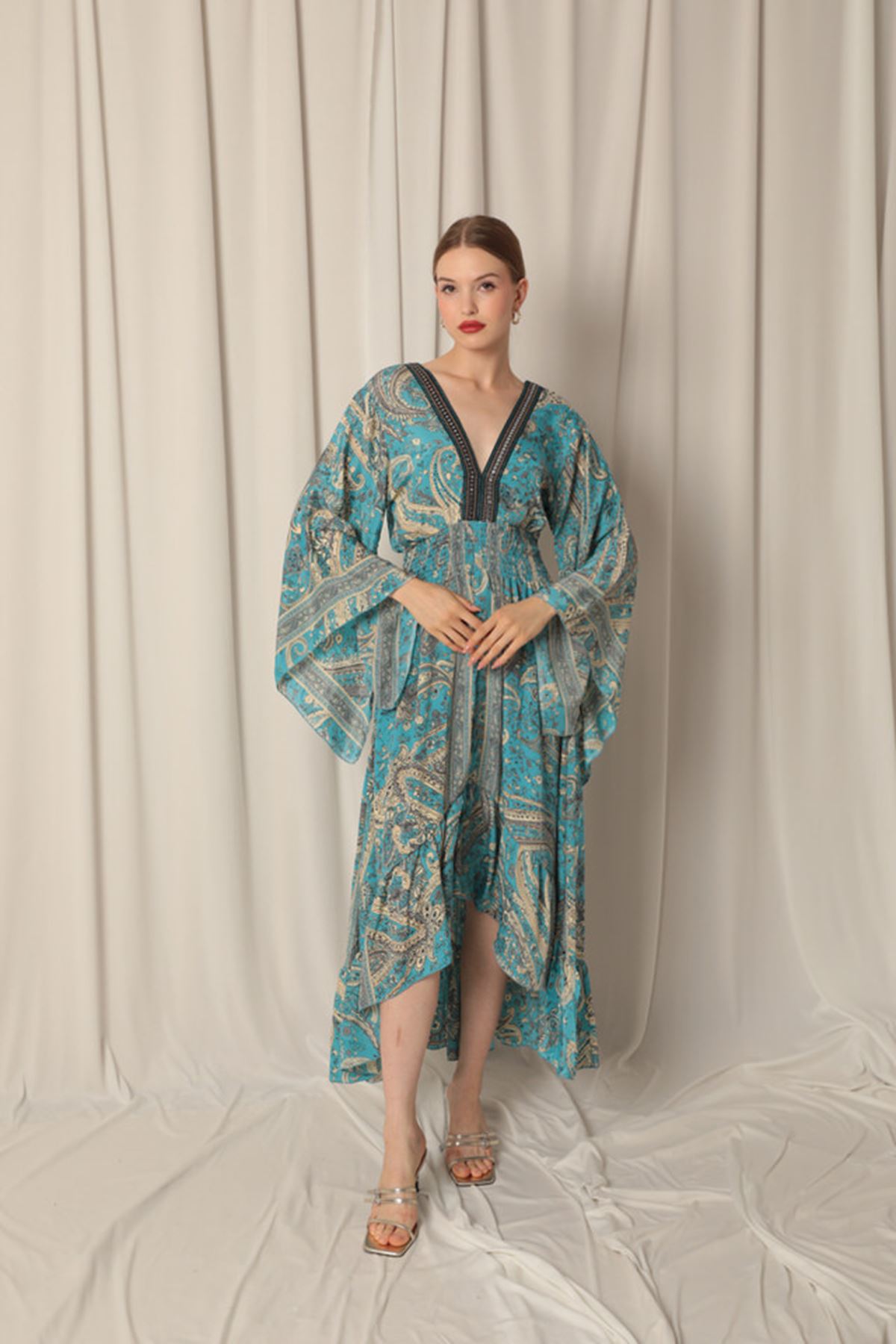 Silk Fabric V Neck Front Short Light Blue Dress