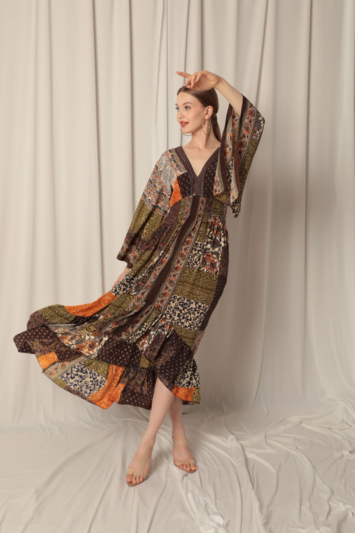 Silk Fabric V Neck Front Short Khaki Dress