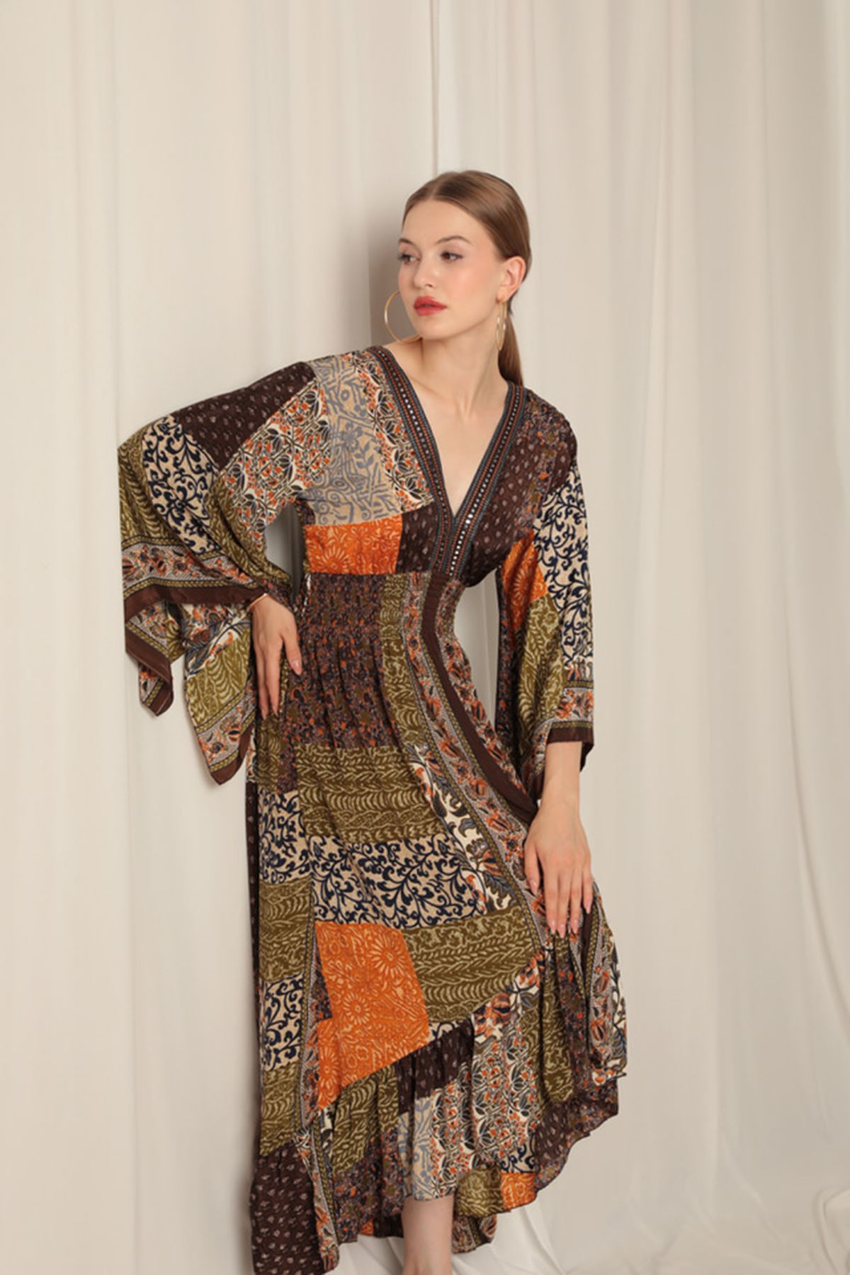 Silk Fabric V Neck Front Short Khaki Dress