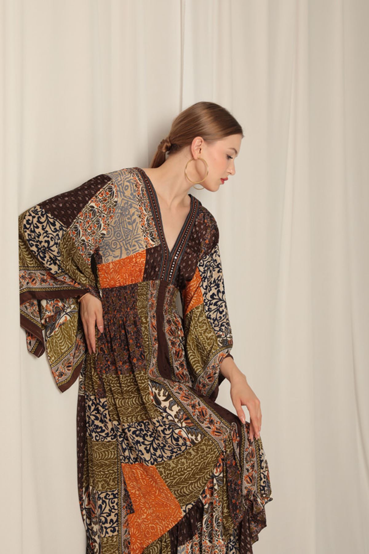 Silk Fabric V Neck Front Short Khaki Dress