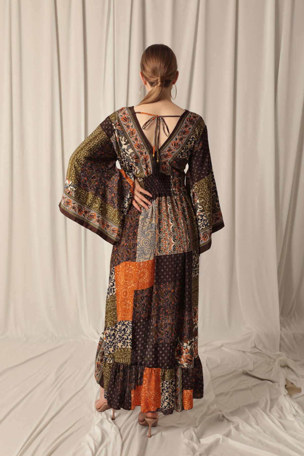 Silk Fabric V Neck Front Short Khaki Dress