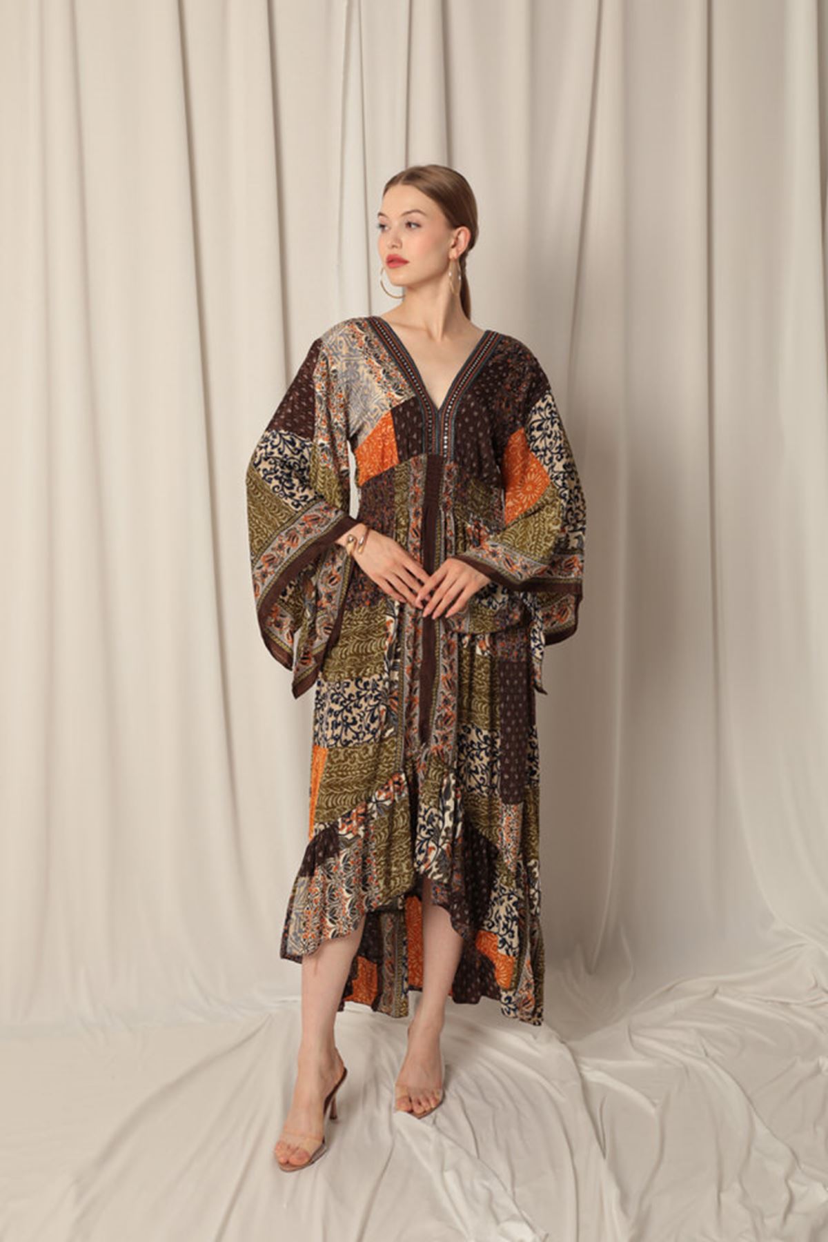 Silk Fabric V Neck Front Short Khaki Dress