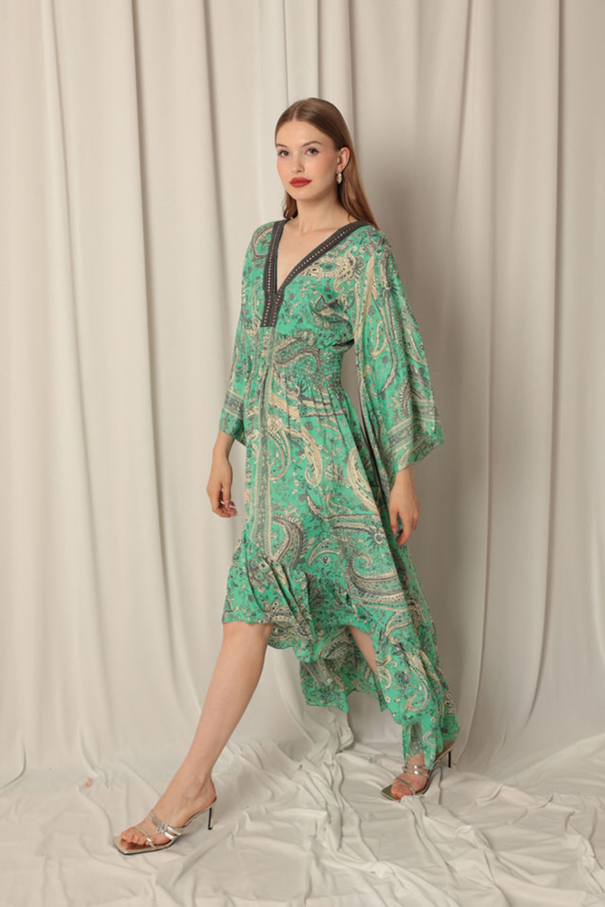 Silk Fabric V Neck Front Short Dark Green Dress