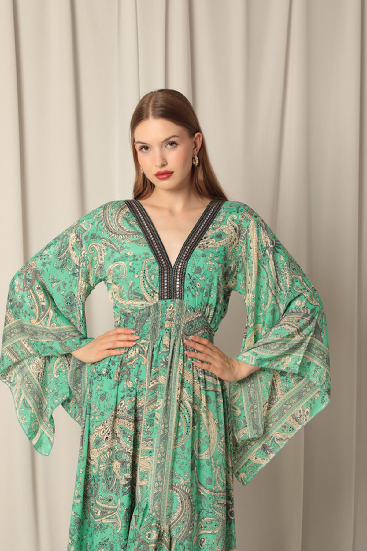 Silk Fabric V Neck Front Short Dark Green Dress