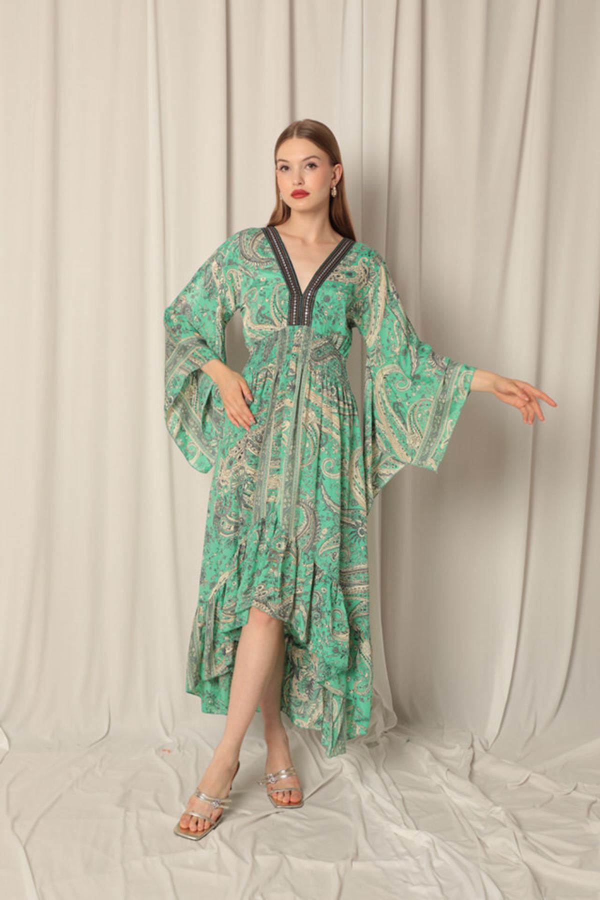 Silk Fabric V Neck Front Short Dark Green Dress