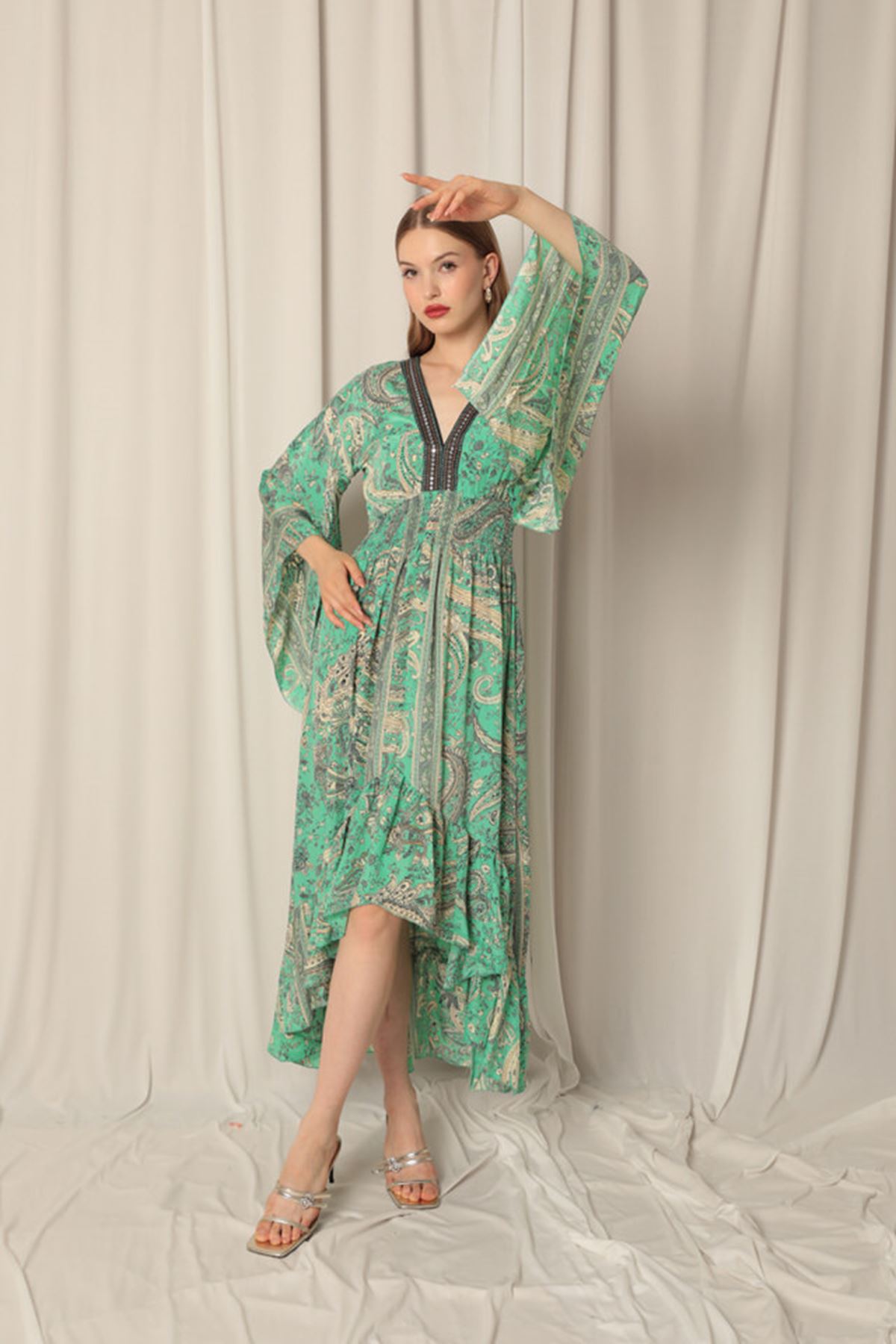 Silk Fabric V Neck Front Short Dark Green Dress