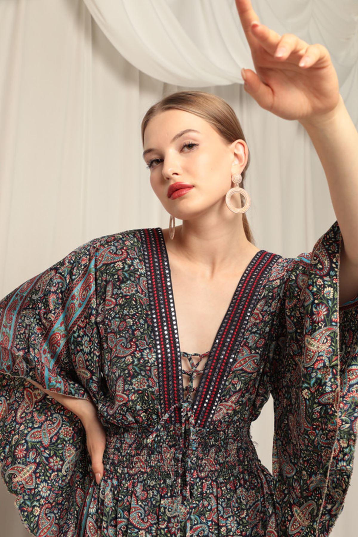 Silk Fabric V Neck Long Light Blue Dress