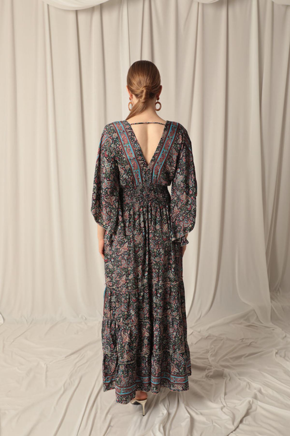 Silk Fabric V Neck Long Light Blue Dress