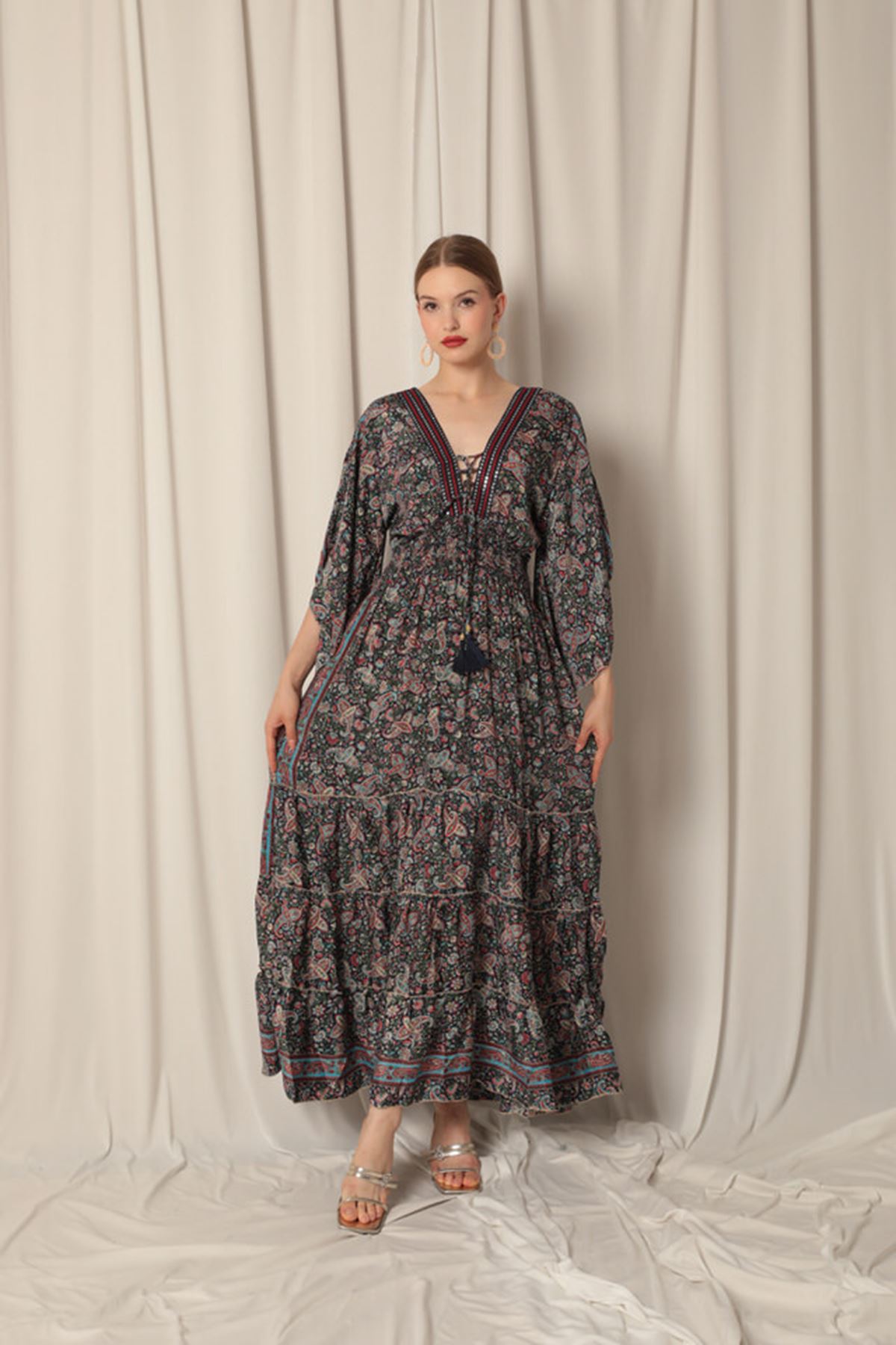 Silk Fabric V Neck Long Light Blue Dress