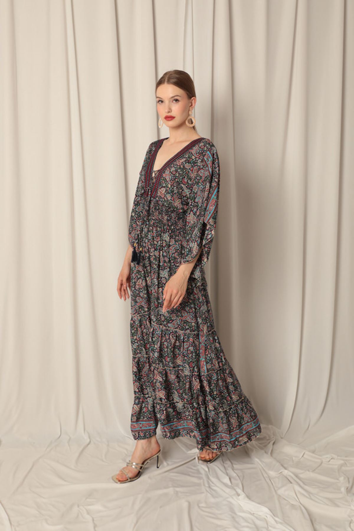 Silk Fabric V Neck Long Light Blue Dress