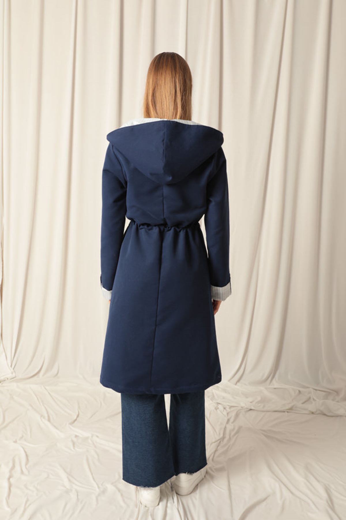 Torino Fabric Striped Hooded Women's Navy Blue Raincoat