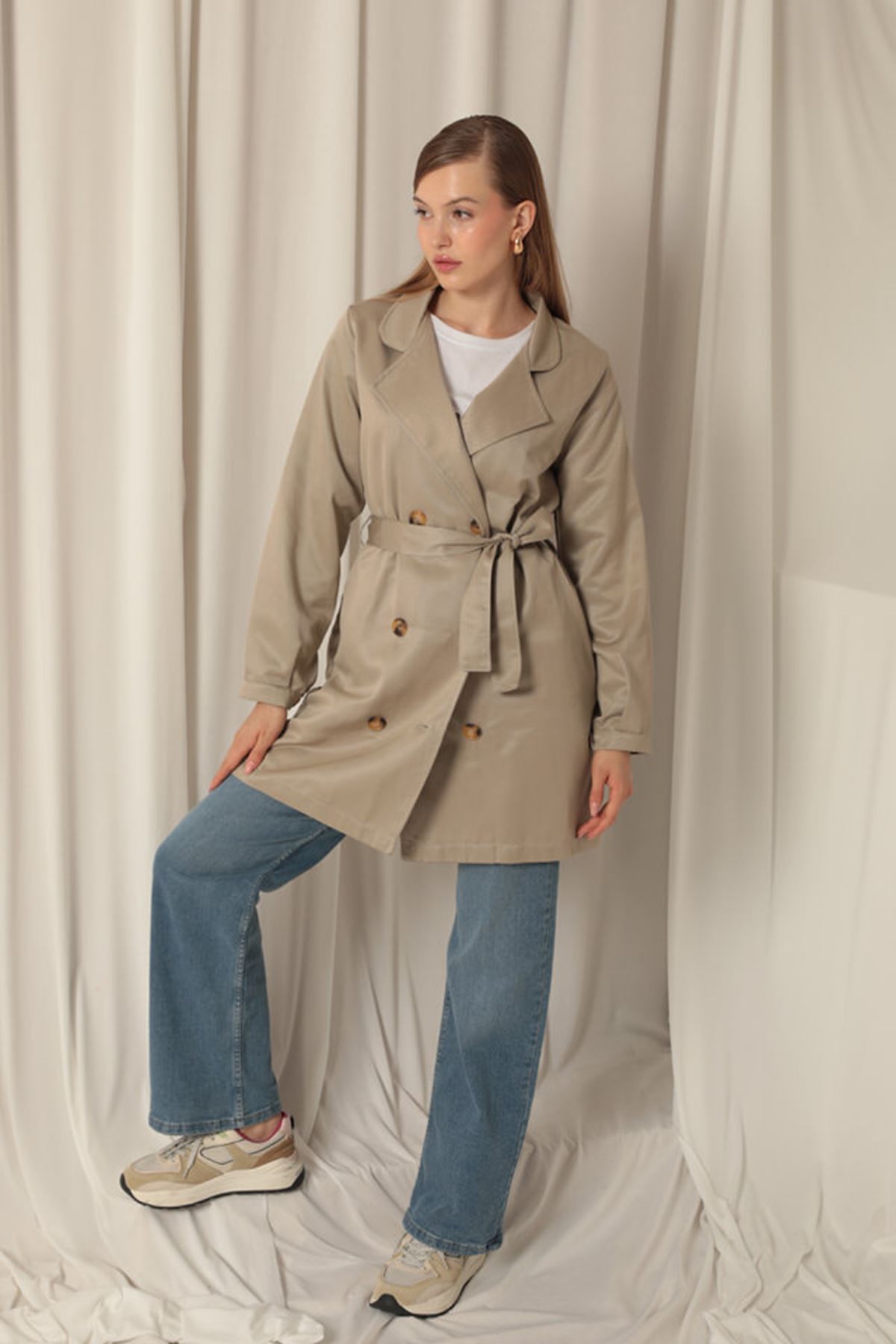 Torino Fabric Liquid Proof Under Hip Length Women's Stone Trench Coat