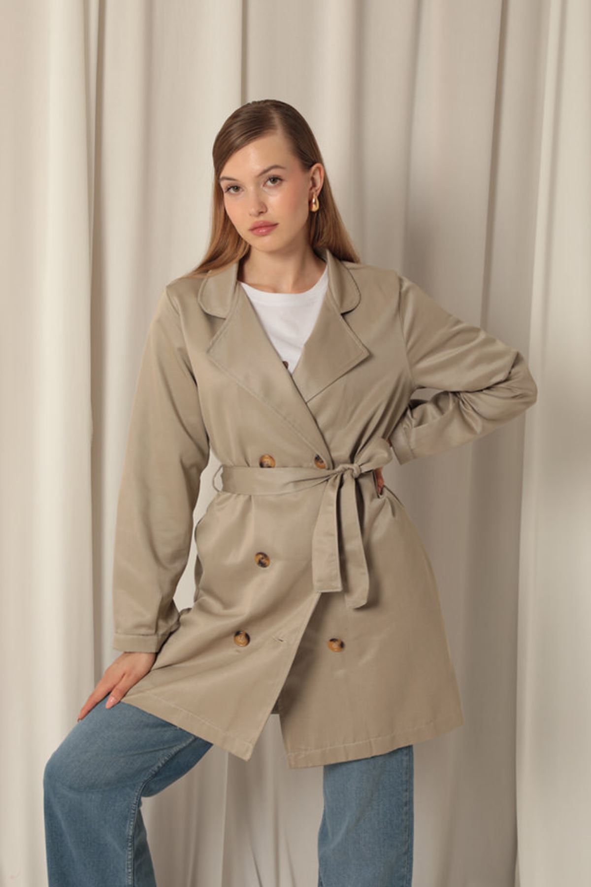 Torino Fabric Liquid Proof Under Hip Length Women's Stone Trench Coat