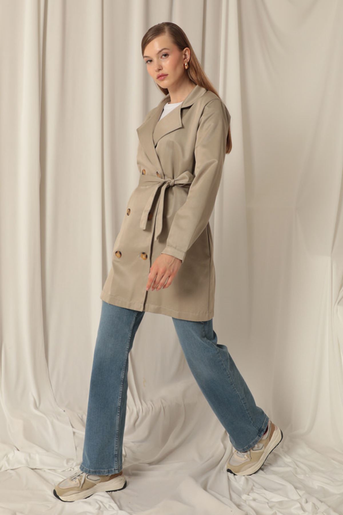 Torino Fabric Liquid Proof Under Hip Length Women's Stone Trench Coat