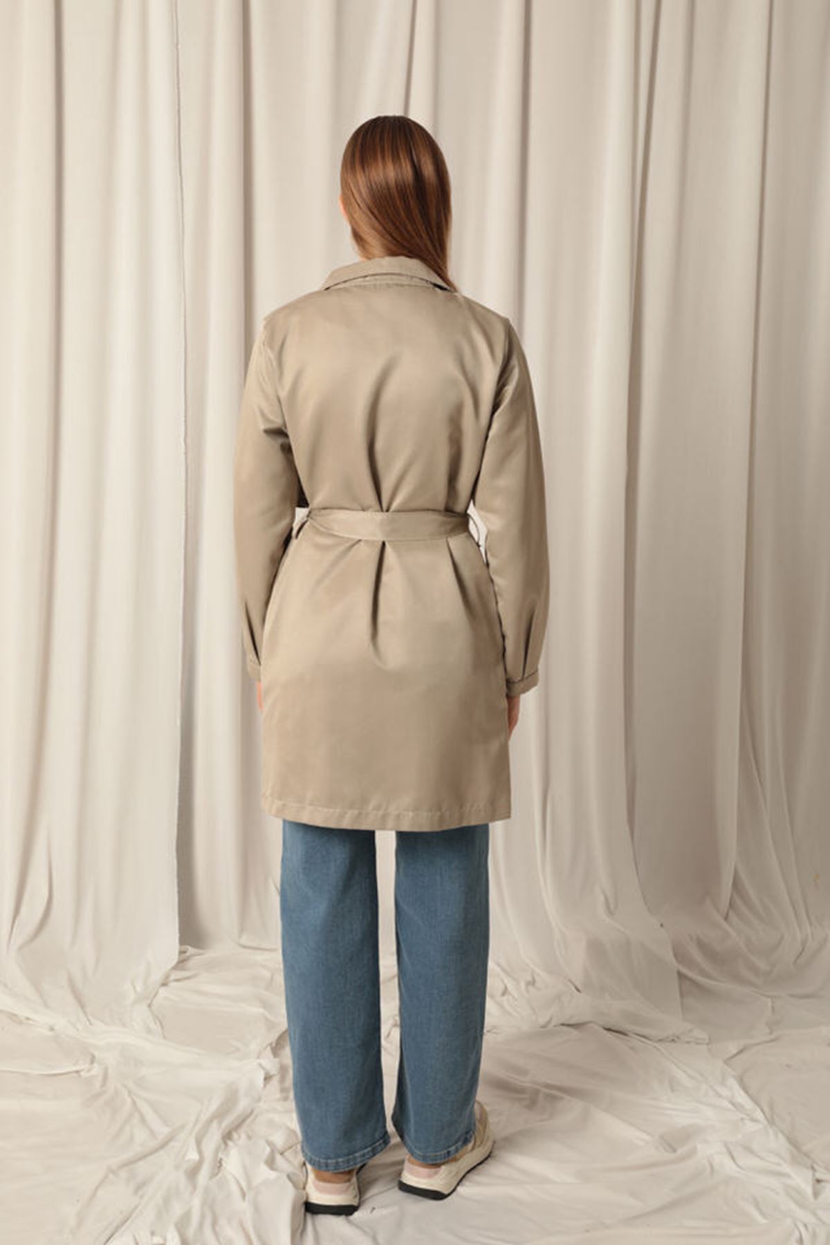 Torino Fabric Liquid Proof Under Hip Length Women's Stone Trench Coat