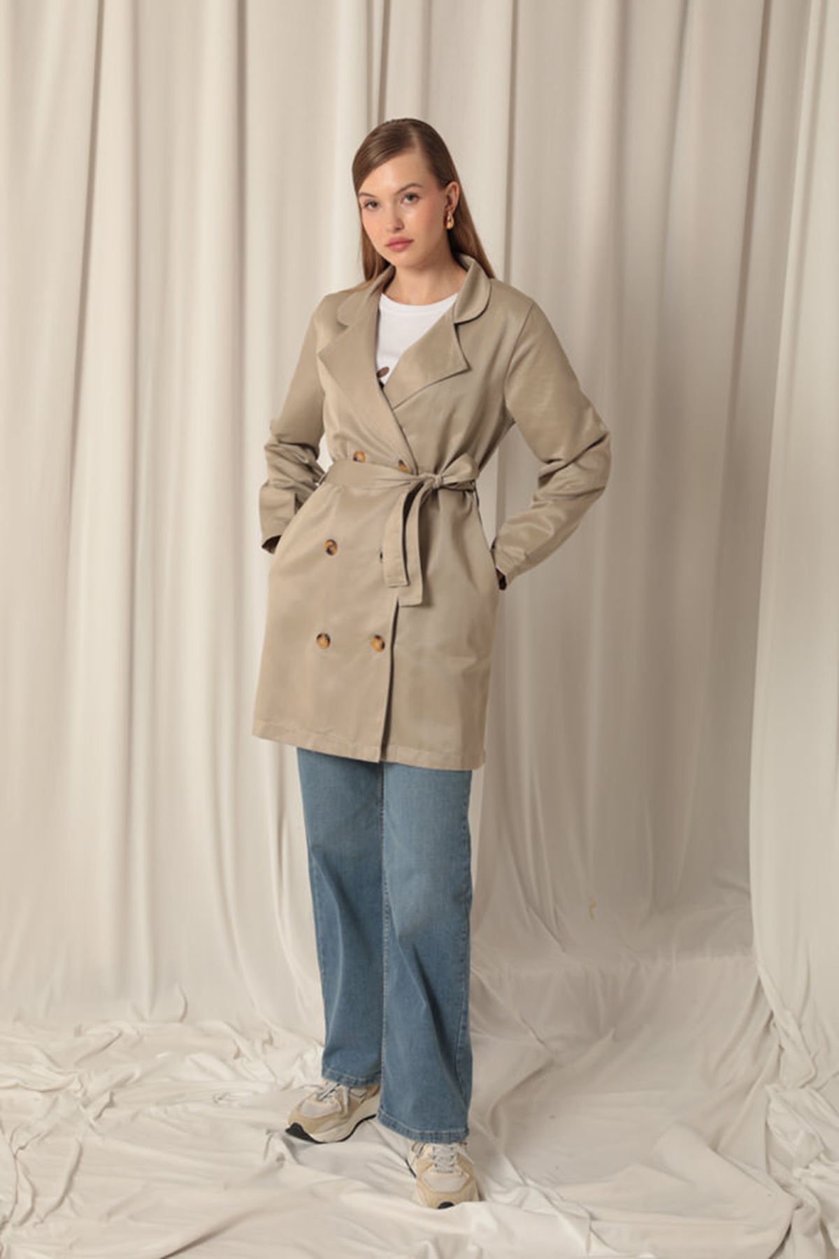 Torino Fabric Liquid Proof Under Hip Length Women's Stone Trench Coat