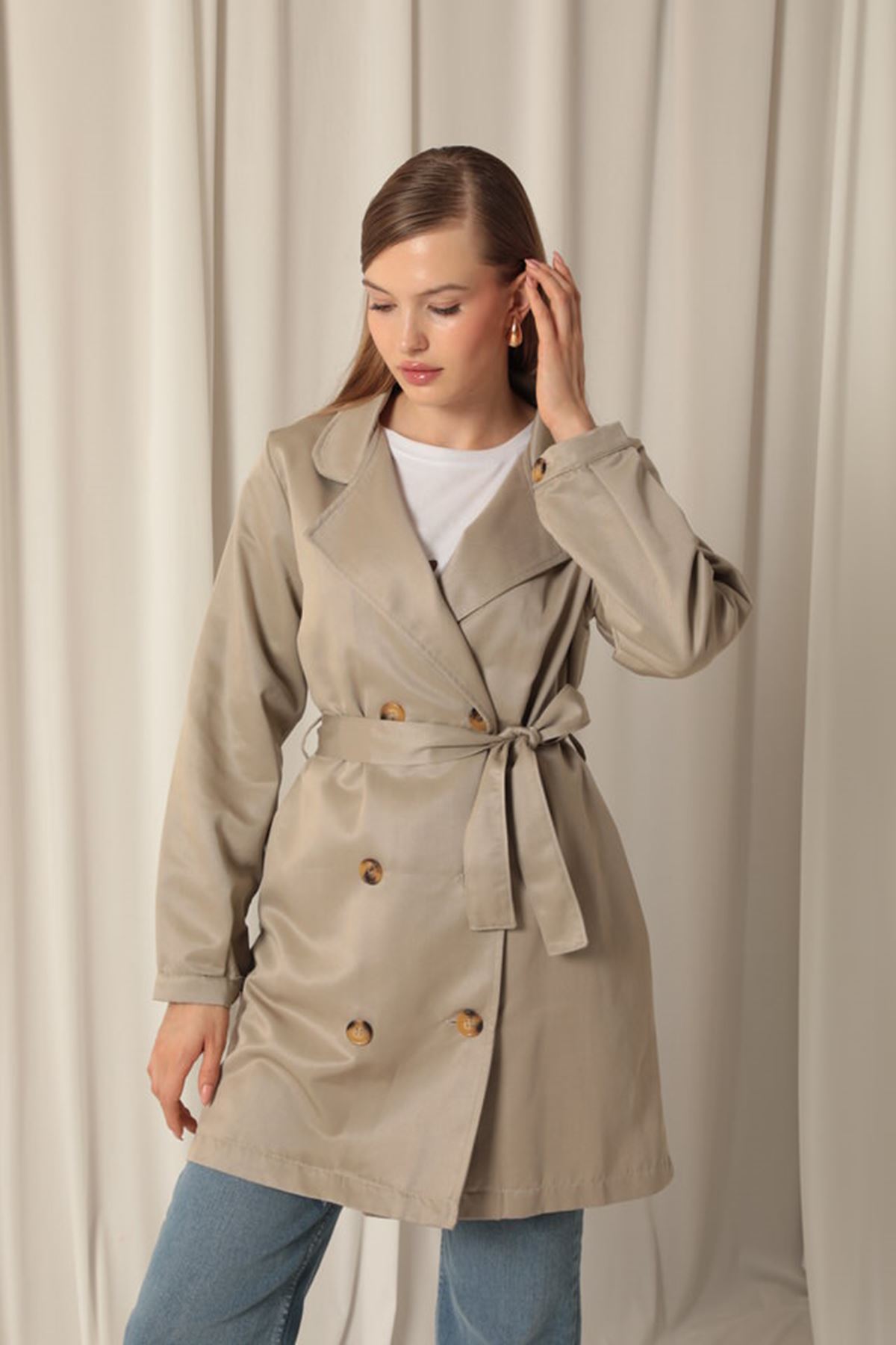 Torino Fabric Liquid Proof Under Hip Length Women's Stone Trench Coat