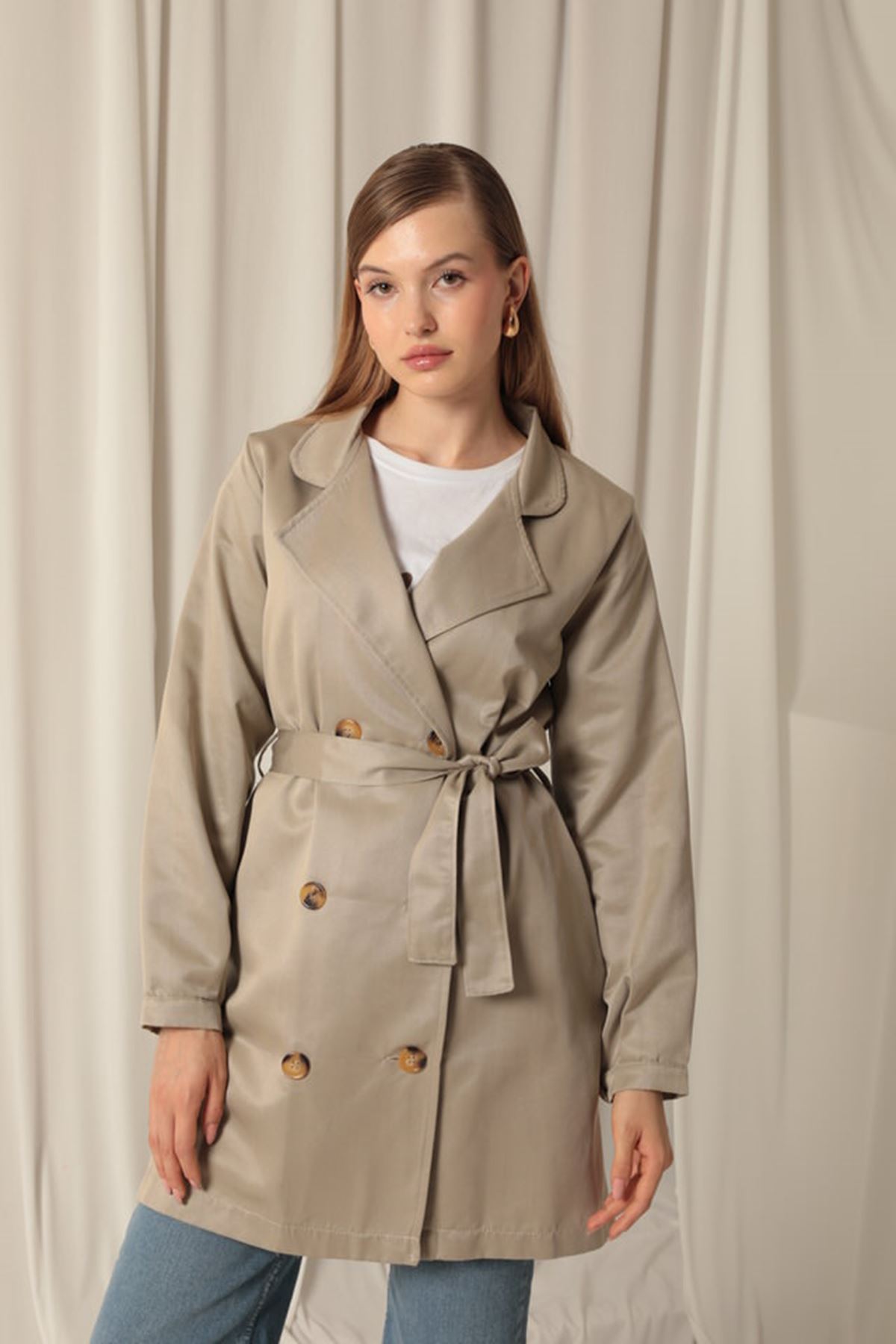 Torino Fabric Liquid Proof Under Hip Length Women's Stone Trench Coat