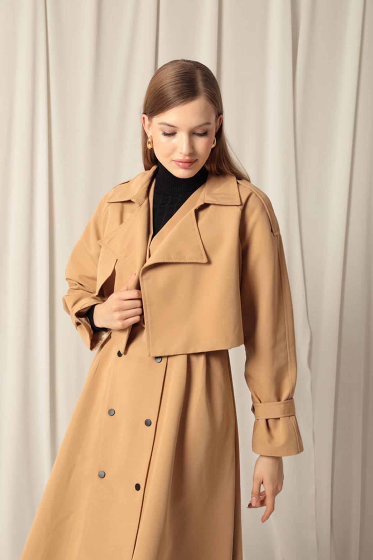Woven Fabric Design Women's Tan Trench Coat