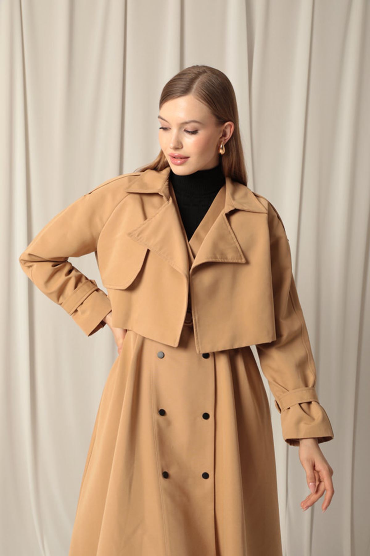 Woven Fabric Design Women's Tan Trench Coat