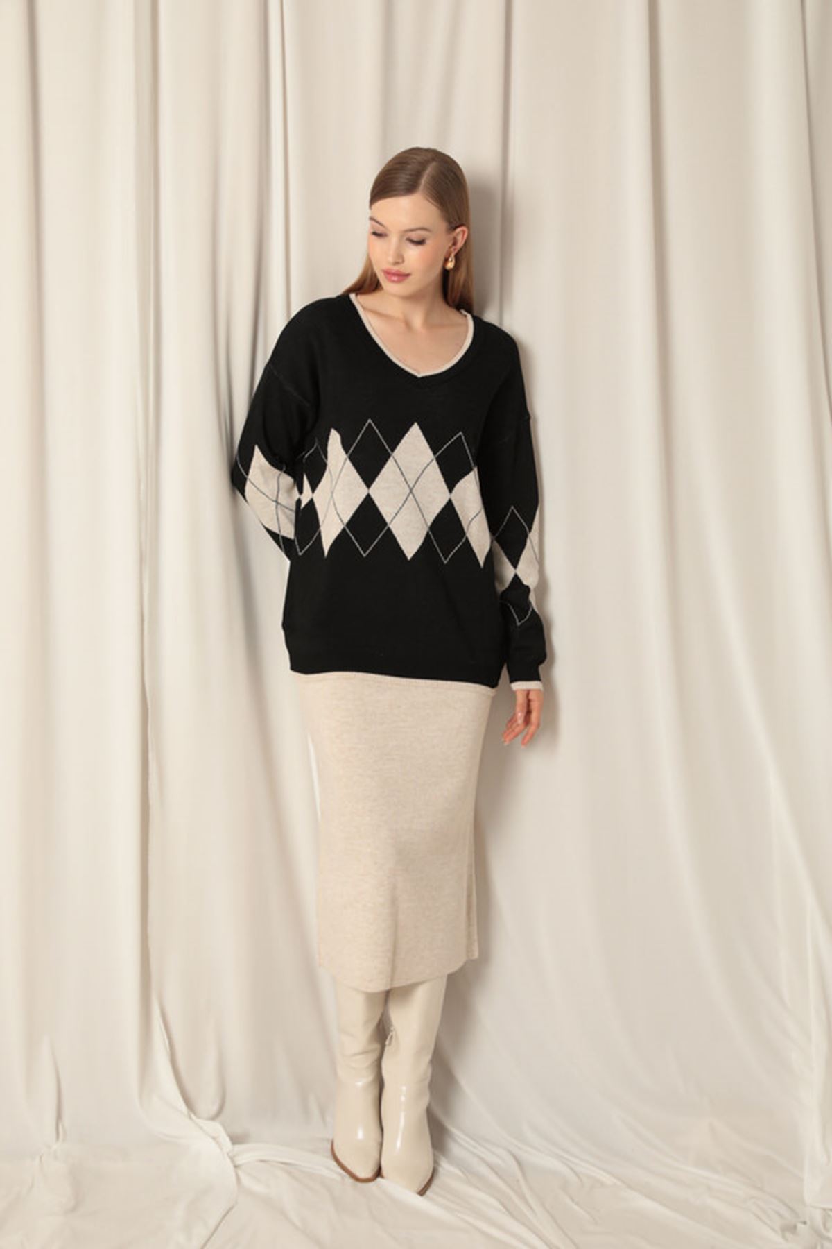 طقم قماش تريكو نسائي أسود/حجري