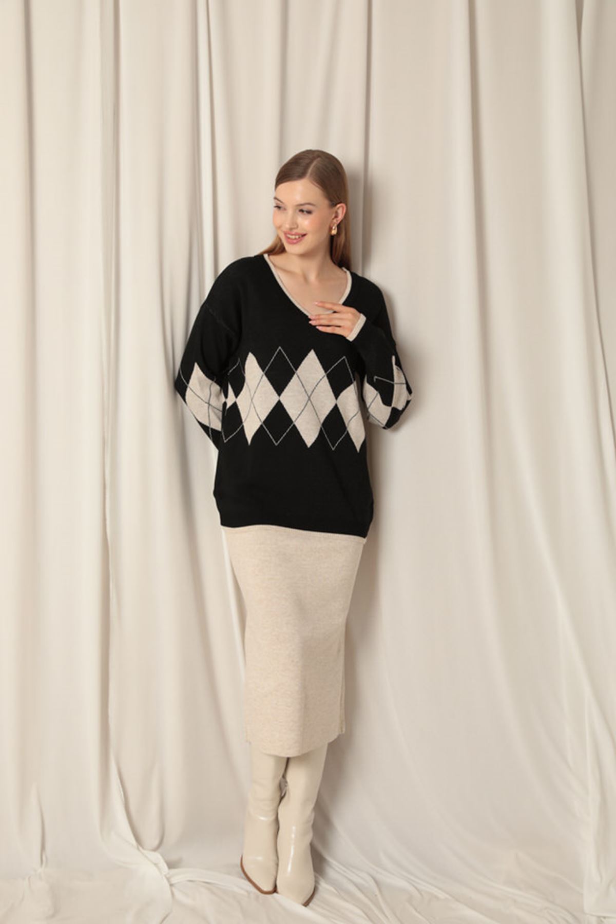 طقم قماش تريكو نسائي أسود/حجري