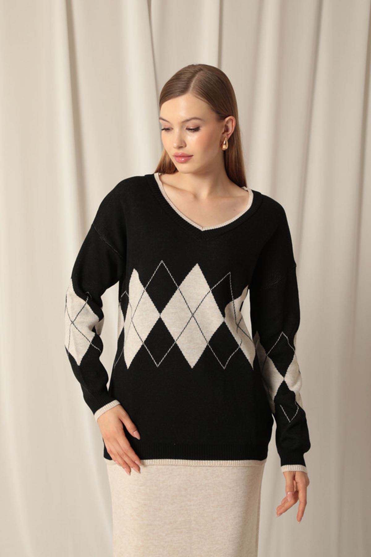 طقم قماش تريكو نسائي أسود/حجري