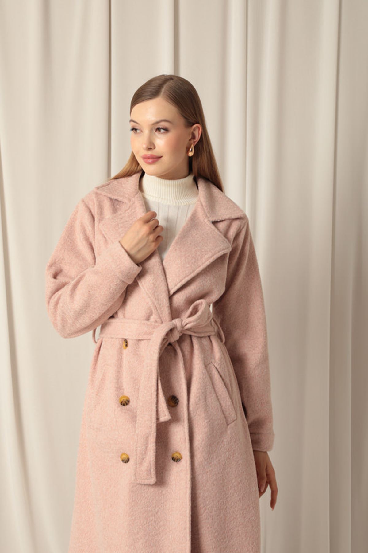 Kaşe Kumaş Düğmeli Maxi Kadın Pembe Kaban 