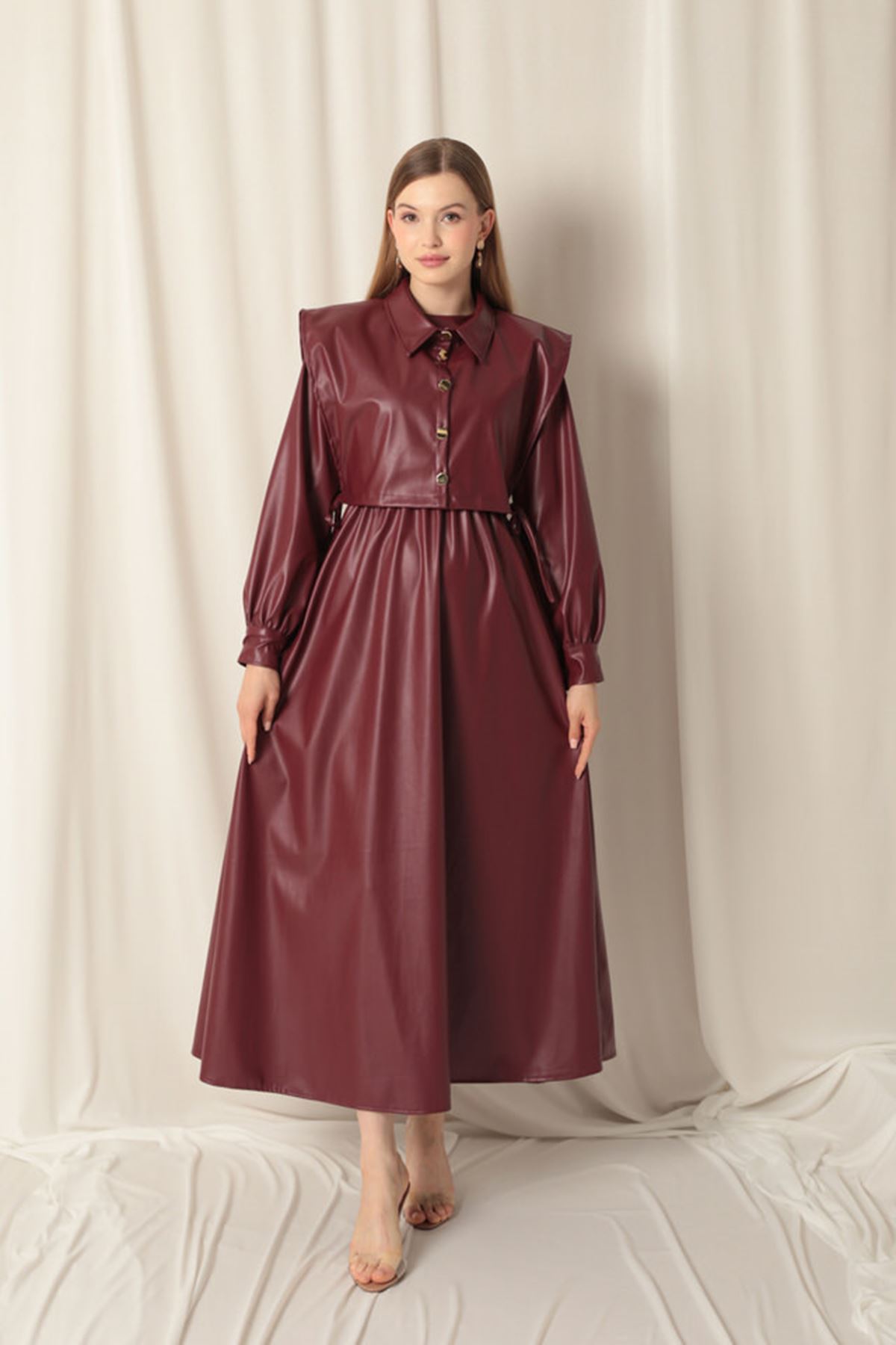 Deri Kumaş Kadın Bordo Elbise 
