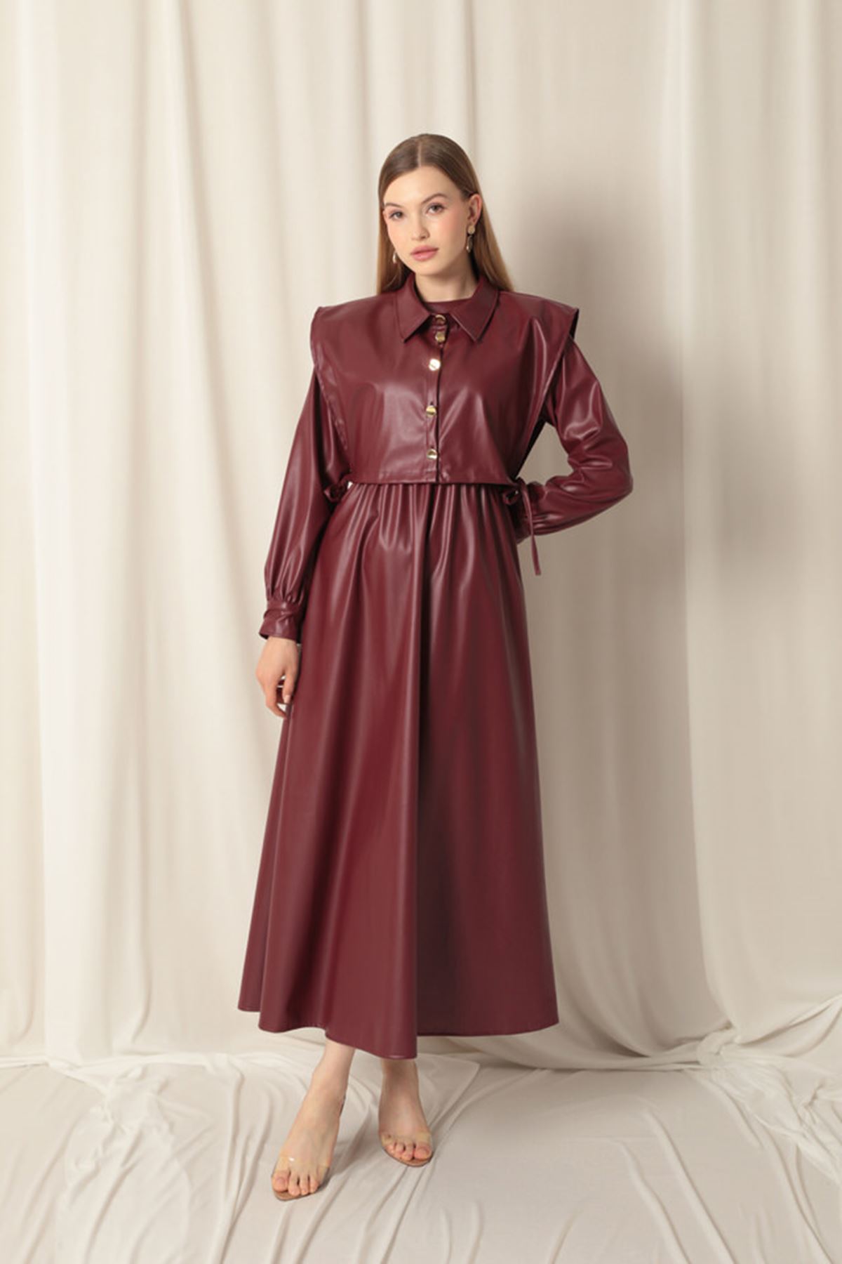 Deri Kumaş Kadın Bordo Elbise 