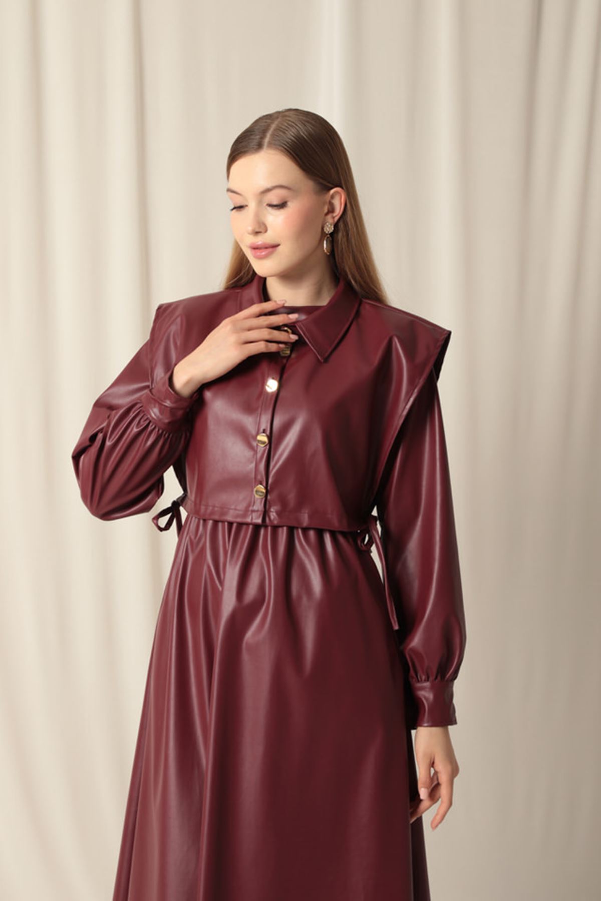 Deri Kumaş Kadın Bordo Elbise 