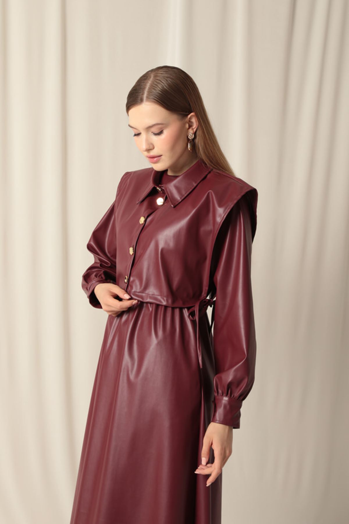 Deri Kumaş Kadın Bordo Elbise 
