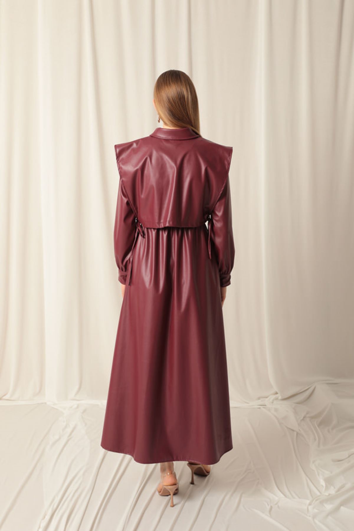 Deri Kumaş Kadın Bordo Elbise 